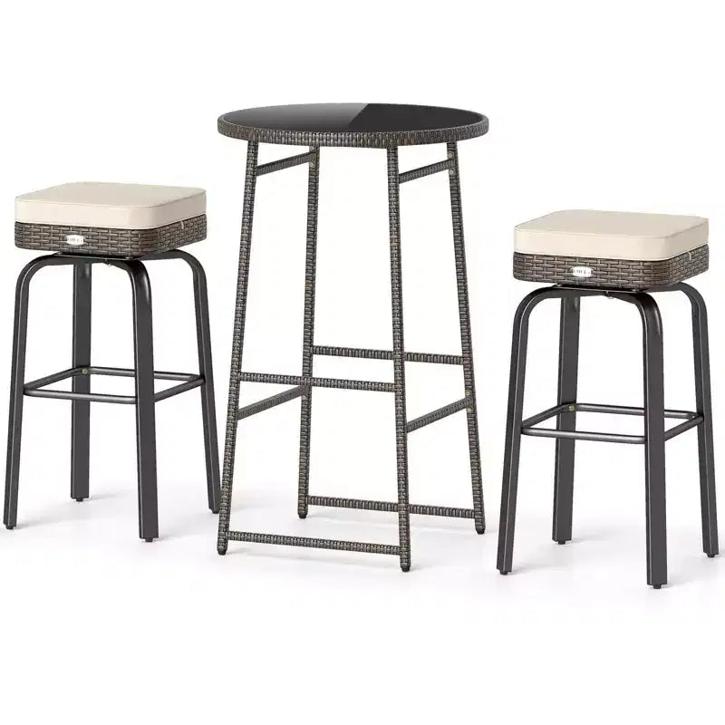 Ensemble de bar extérieur pivotant 3 pièces Costway avec 2 chaises, plateau en verre trempé, coussins moelleux