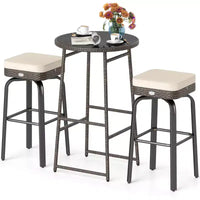 Ensemble de bar extérieur pivotant 3 pièces Costway avec 2 chaises, plateau en verre trempé, coussins moelleux
