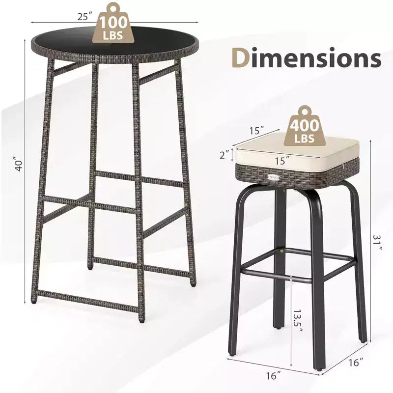 Ensemble de bar extérieur pivotant 3 pièces Costway avec 2 chaises, plateau en verre trempé, coussins moelleux