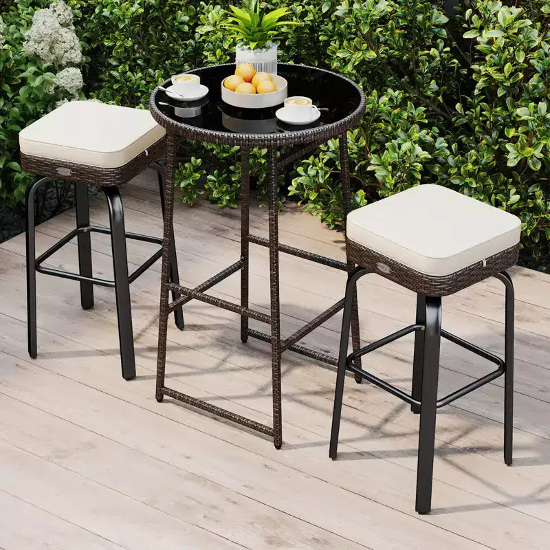 Ensemble de bar extérieur pivotant 3 pièces Costway avec 2 chaises, plateau en verre trempé, coussins moelleux