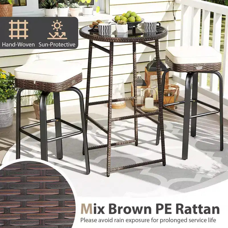 Ensemble de bar extérieur pivotant 3 pièces Costway avec 2 chaises, plateau en verre trempé, coussins moelleux