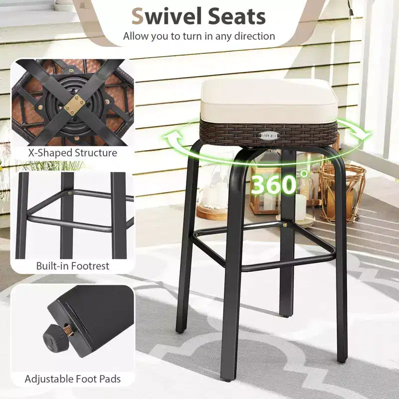 Ensemble de bar extérieur pivotant 3 pièces Costway avec 2 chaises, plateau en verre trempé, coussins moelleux