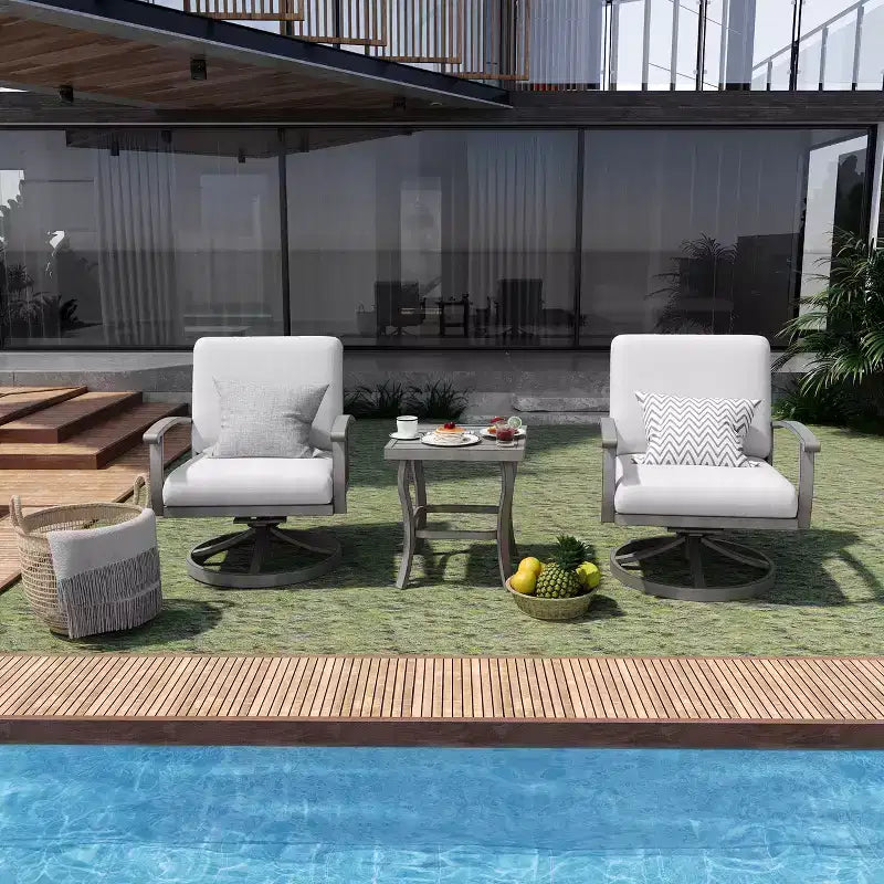 HAPPATIO Ensemble bistro d'extérieur en aluminium, 3 pièces, chaises de terrasse pivotantes avec coussins et table d'appoint, ensemble de mobilier de terrasse pour arrière-cour, porche (Gris)
