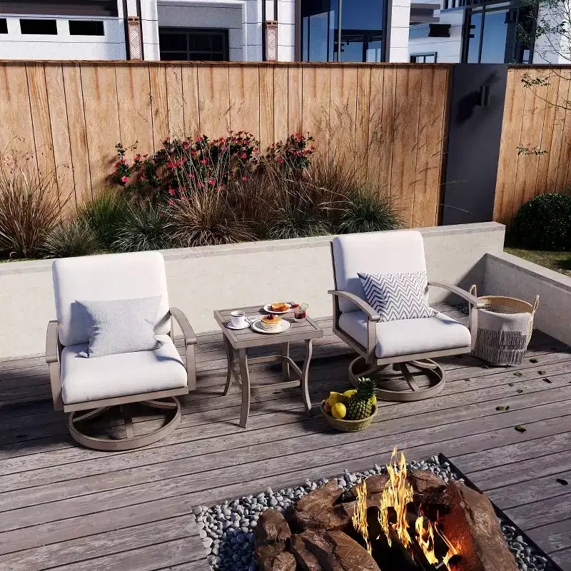 HAPPATIO Ensemble bistro d'extérieur en aluminium, 3 pièces, chaises de terrasse pivotantes avec coussins et table d'appoint, ensemble de mobilier de terrasse pour arrière-cour, porche (Gris)