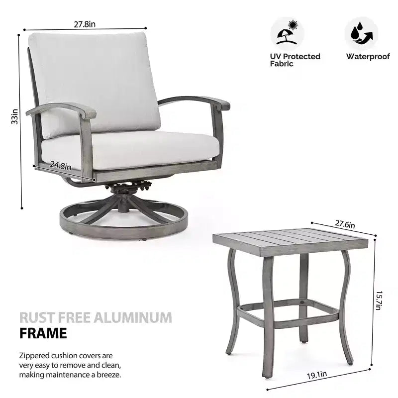 HAPPATIO Ensemble bistro d'extérieur en aluminium, 3 pièces, chaises de terrasse pivotantes avec coussins et table d'appoint, ensemble de mobilier de terrasse pour arrière-cour, porche (Gris)