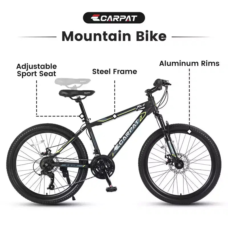 VTT Zeus & Ruta 24 avec 21 vitesses, double frein à disque, cadre en acier durable pour garçons et filles