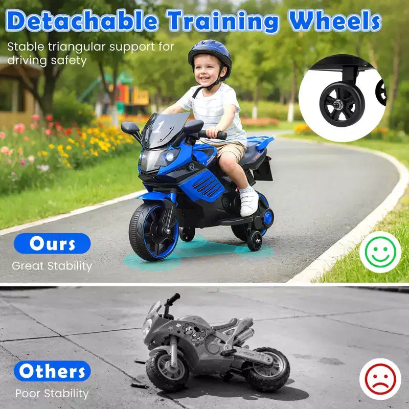 Moto électrique 6V pour enfants Costway avec musique, klaxon, roues d'entraînement détachables et phares LED Rose/Rouge/Bleu marine/Blanc