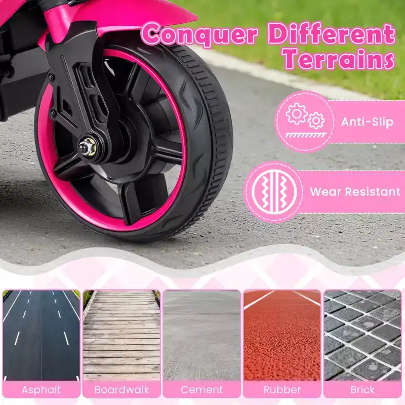 Moto électrique 6V pour enfants Costway avec musique, klaxon, roues d'entraînement détachables et phares LED Rose/Rouge/Bleu marine/Blanc