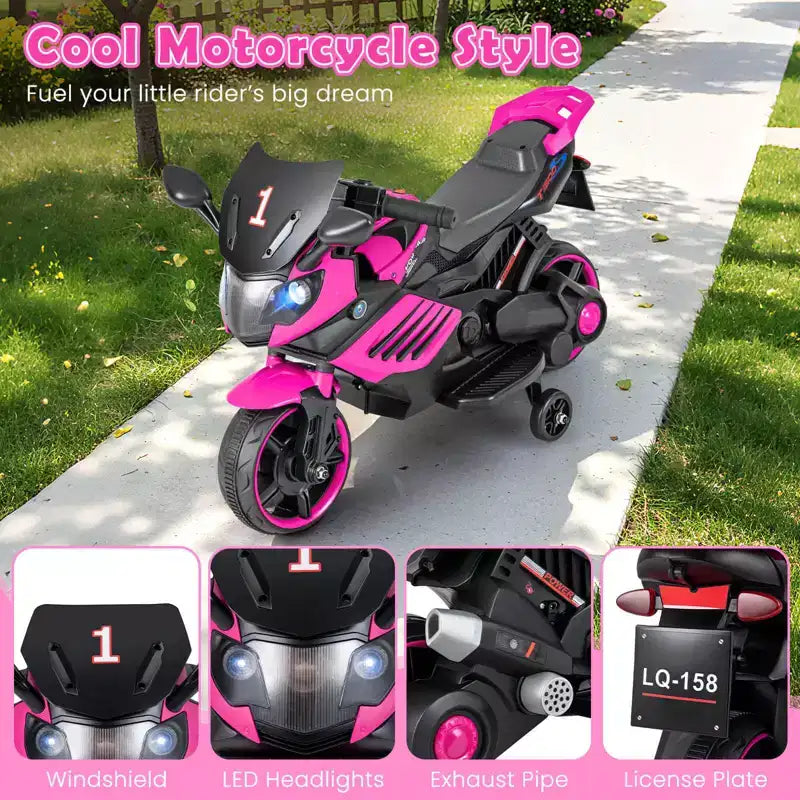 Moto électrique 6V pour enfants Costway avec musique, klaxon, roues d'entraînement détachables et phares LED Rose/Rouge/Bleu marine/Blanc