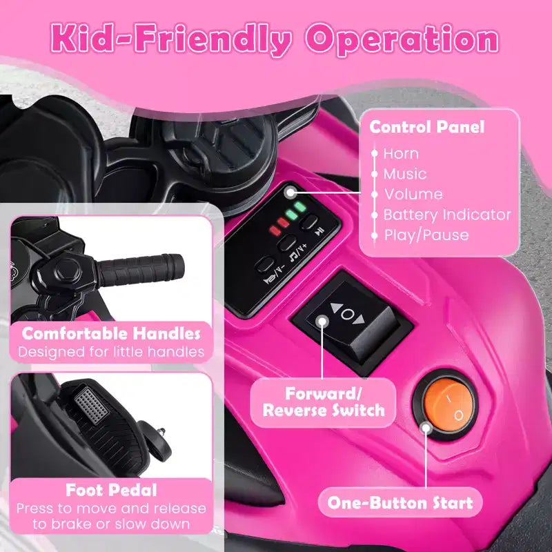 Moto électrique 6V pour enfants Costway avec musique, klaxon, roues d'entraînement détachables et phares LED Rose/Rouge/Bleu marine/Blanc
