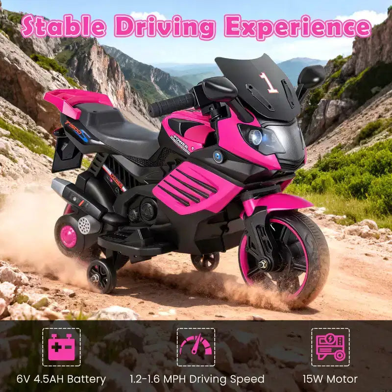 Moto électrique 6V pour enfants Costway avec musique, klaxon, roues d'entraînement détachables et phares LED Rose/Rouge/Bleu marine/Blanc
