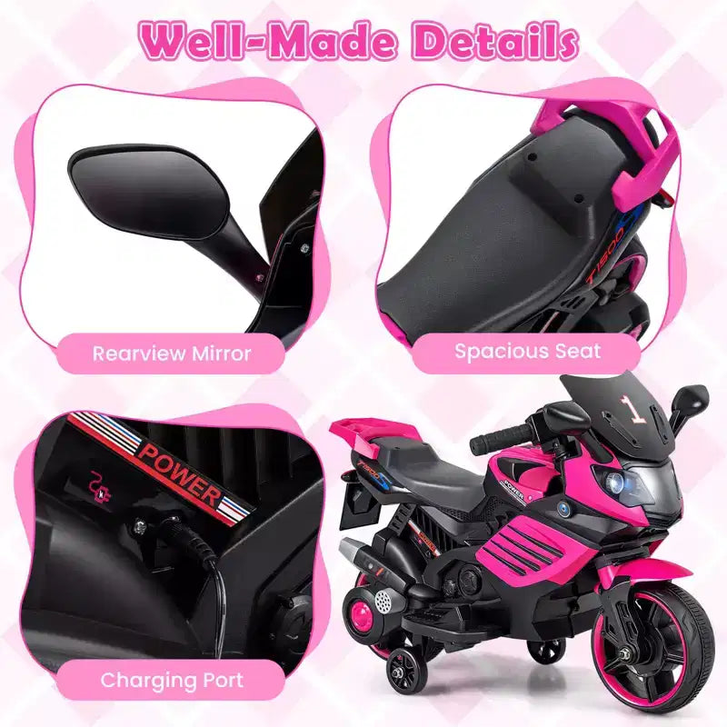 Moto électrique 6V pour enfants Costway avec musique, klaxon, roues d'entraînement détachables et phares LED Rose/Rouge/Bleu marine/Blanc