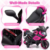 Moto électrique 6V pour enfants Costway avec musique, klaxon, roues d'entraînement détachables et phares LED Rose/Rouge/Bleu marine/Blanc