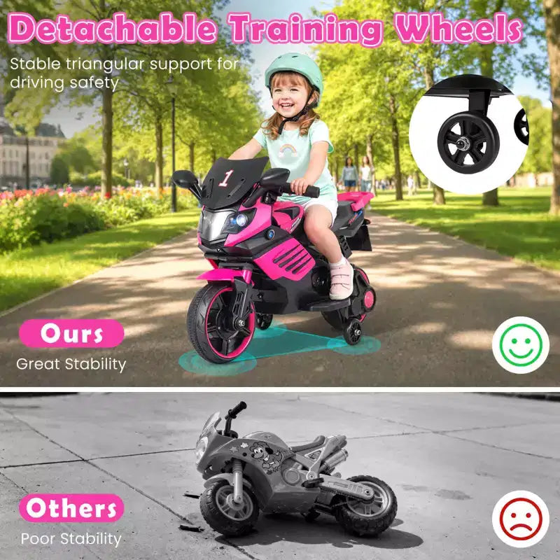 Moto électrique 6V pour enfants Costway avec musique, klaxon, roues d'entraînement détachables et phares LED Rose/Rouge/Bleu marine/Blanc