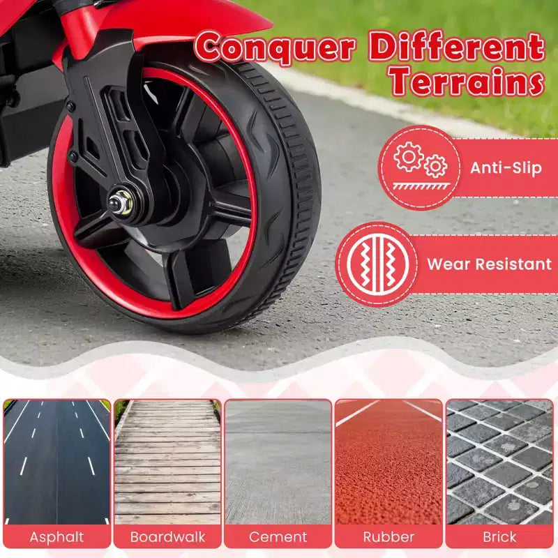 Moto électrique 6V pour enfants Costway avec musique, klaxon, roues d'entraînement détachables et phares LED Rose/Rouge/Bleu marine/Blanc