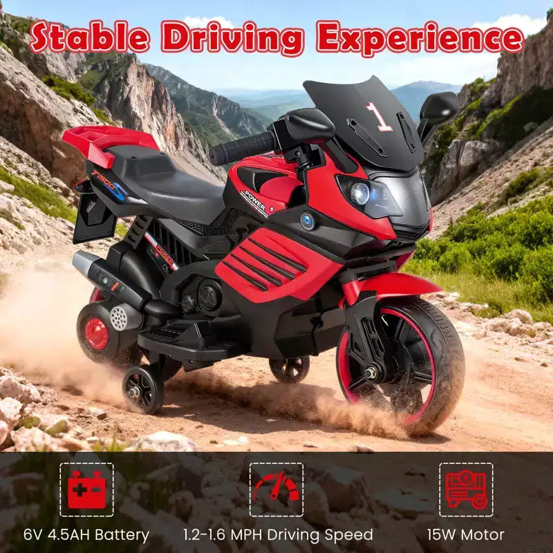Moto électrique 6V pour enfants Costway avec musique, klaxon, roues d'entraînement détachables et phares LED Rose/Rouge/Bleu marine/Blanc