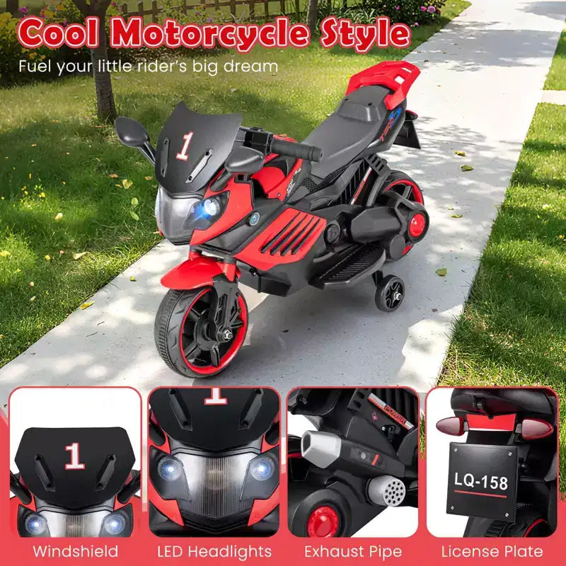Moto électrique 6V pour enfants Costway avec musique, klaxon, roues d'entraînement détachables et phares LED Rose/Rouge/Bleu marine/Blanc