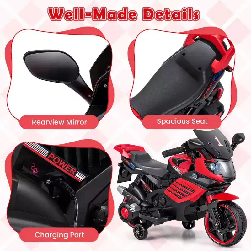 Moto électrique 6V pour enfants Costway avec musique, klaxon, roues d'entraînement détachables et phares LED Rose/Rouge/Bleu marine/Blanc