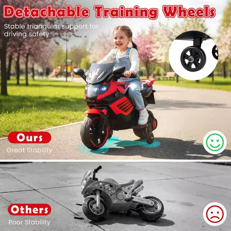 Moto électrique 6V pour enfants Costway avec musique, klaxon, roues d'entraînement détachables et phares LED Rose/Rouge/Bleu marine/Blanc