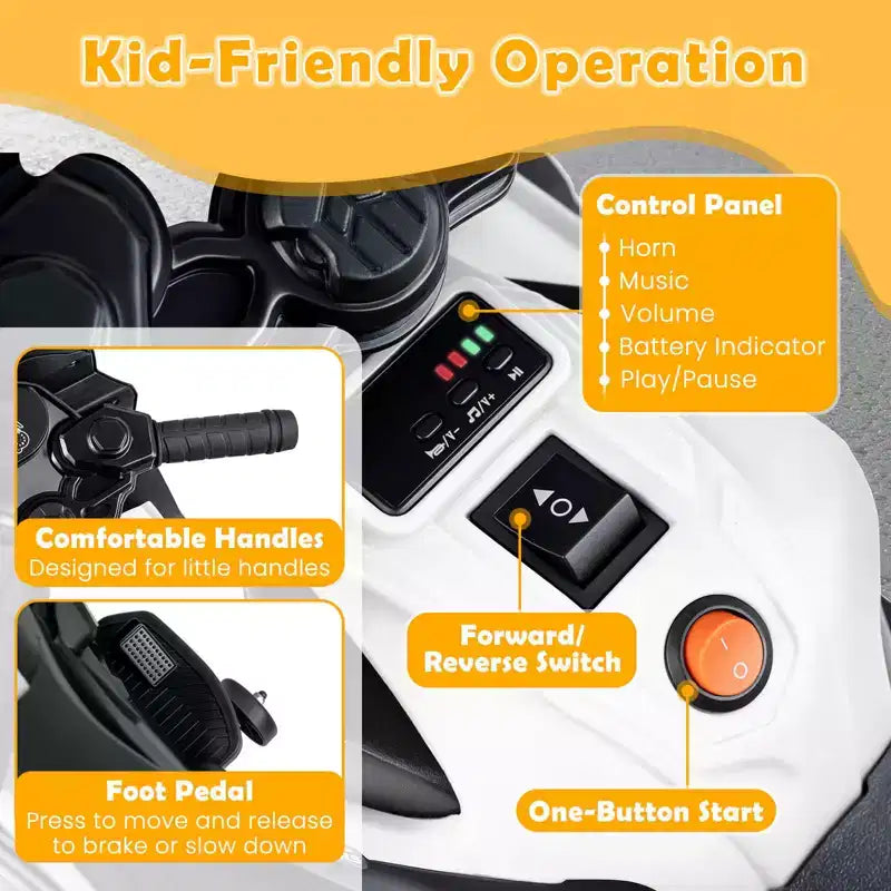 Moto électrique 6V pour enfants Costway avec musique, klaxon, roues d'entraînement détachables et phares LED Rose/Rouge/Bleu marine/Blanc