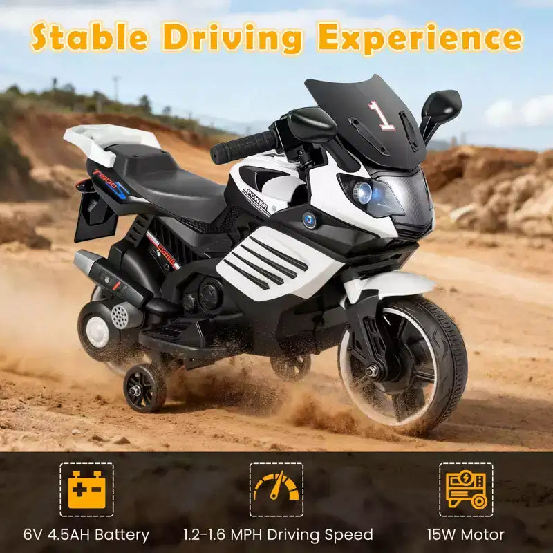 Moto électrique 6V pour enfants Costway avec musique, klaxon, roues d'entraînement détachables et phares LED Rose/Rouge/Bleu marine/Blanc