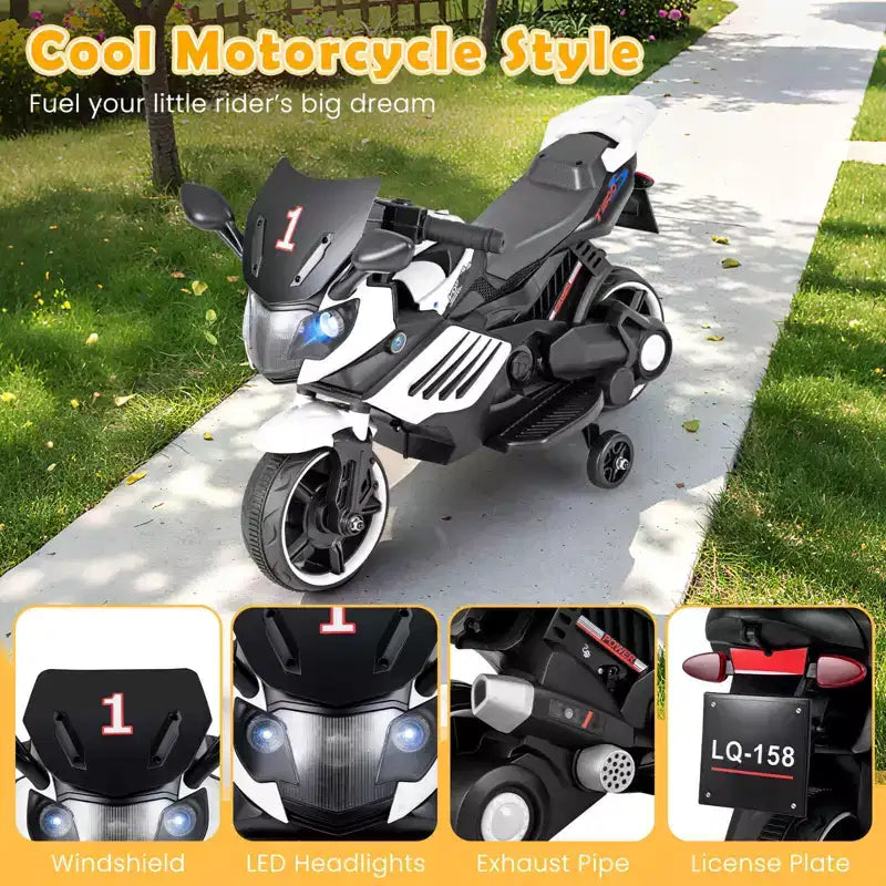 Moto électrique 6V pour enfants Costway avec musique, klaxon, roues d'entraînement détachables et phares LED Rose/Rouge/Bleu marine/Blanc