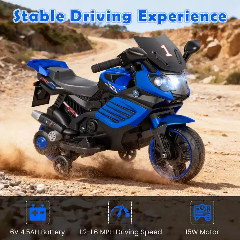 Moto électrique 6V pour enfants Costway avec musique, klaxon, roues d'entraînement détachables et phares LED Rose/Rouge/Bleu marine/Blanc