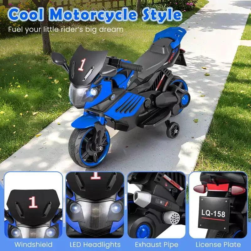 Moto électrique 6V pour enfants Costway avec musique, klaxon, roues d'entraînement détachables et phares LED Rose/Rouge/Bleu marine/Blanc