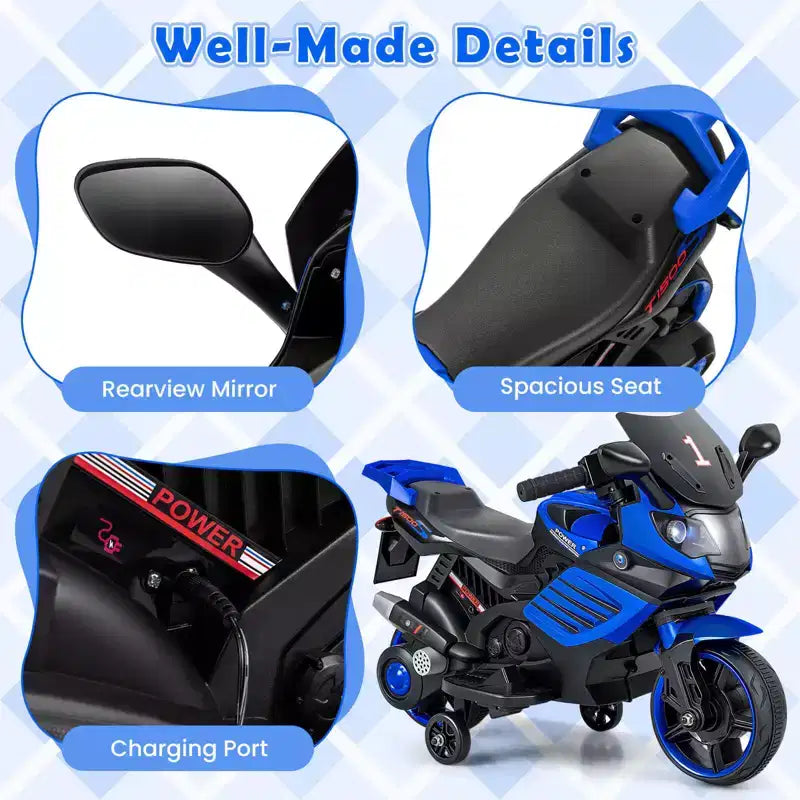 Moto électrique 6V pour enfants Costway avec musique, klaxon, roues d'entraînement détachables et phares LED Rose/Rouge/Bleu marine/Blanc