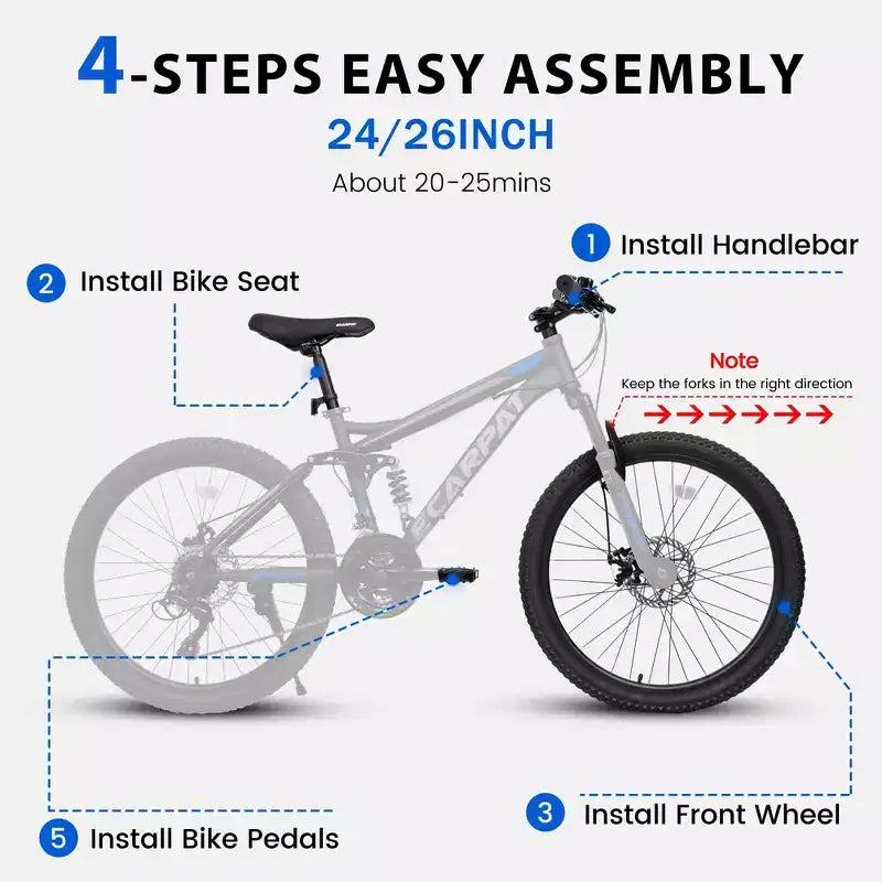 Whisen VTT pour adulte 26 avec suspension intégrale, vitesses 21, freins à disque