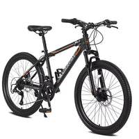 NAYSAYE Vélo tout-terrain 24 pouces 21 vitesses avec double frein à disque, cadre en acier, pour adultes, pour l'aventure en extérieur, noir et orange, 56.3*7.88*28.35