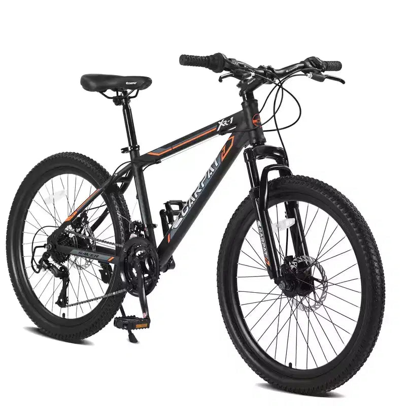 NAYSAYE Vélo tout-terrain 24 pouces 21 vitesses avec double frein à disque, cadre en acier, pour adultes, pour l'aventure en extérieur, noir et orange, 56.3*7.88*28.35