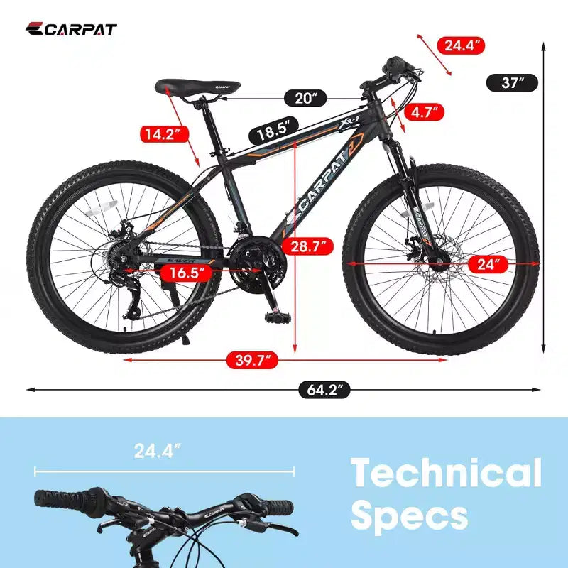 NAYSAYE Vélo tout-terrain 24 pouces 21 vitesses avec double frein à disque, cadre en acier, pour adultes, pour l'aventure en extérieur, noir et orange, 56.3*7.88*28.35