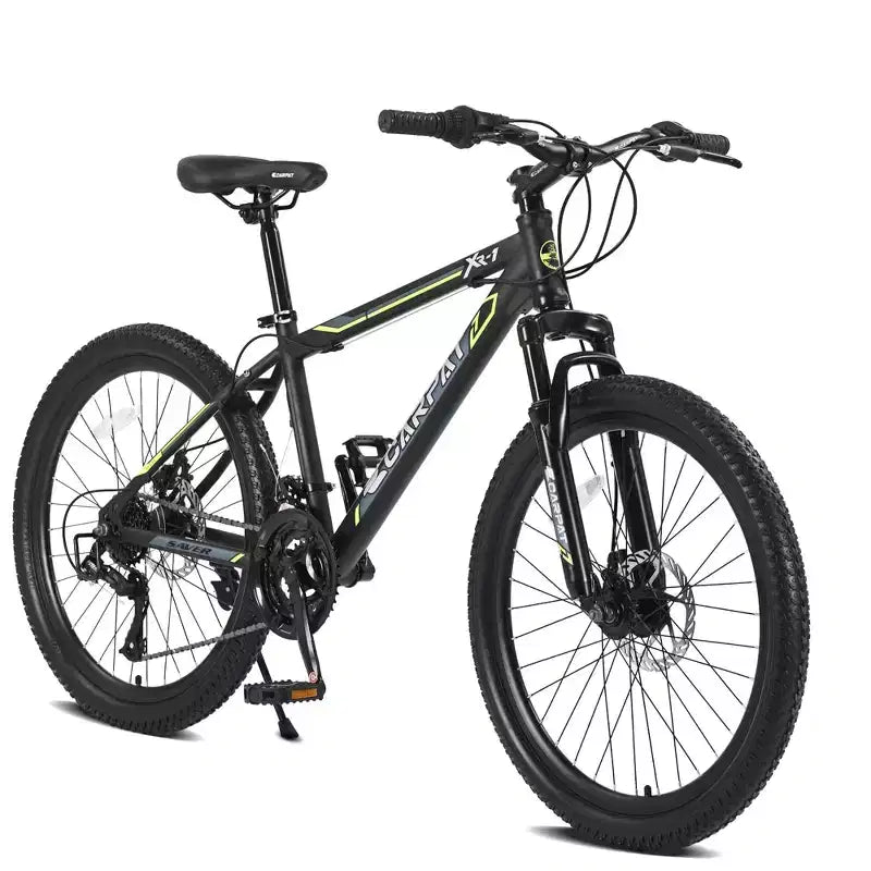 NAYSAYE Vélo VTT 24 pouces 21 vitesses double freins à disque cadre en acier pour adultes pour l l'aventure en plein air, noir et vert, 26.3*7.88*28.35