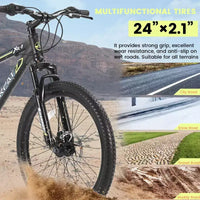 NAYSAYE Vélo VTT 24 pouces 21 vitesses double freins à disque cadre en acier pour adultes pour l l'aventure en plein air, noir et vert, 26.3*7.88*28.35
