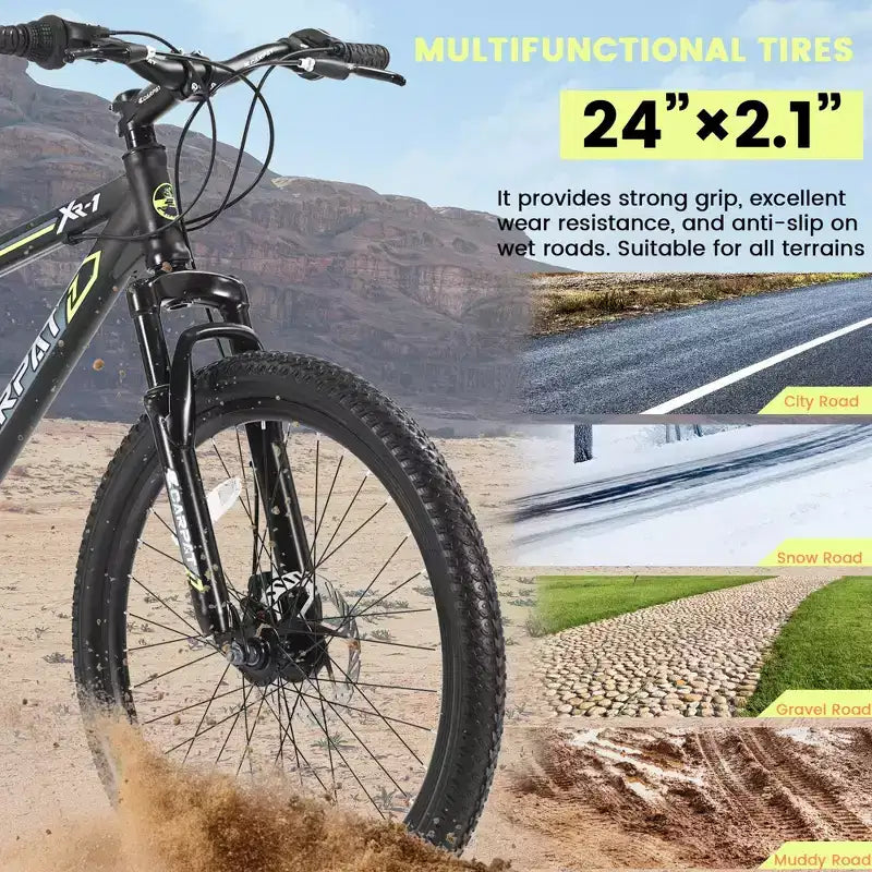NAYSAYE Vélo VTT 24 pouces 21 vitesses double freins à disque cadre en acier pour adultes pour l l'aventure en plein air, noir et vert, 26.3*7.88*28.35