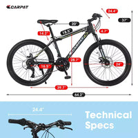 NAYSAYE Vélo VTT 24 pouces 21 vitesses double freins à disque cadre en acier pour adultes pour l l'aventure en plein air, noir et vert, 26.3*7.88*28.35