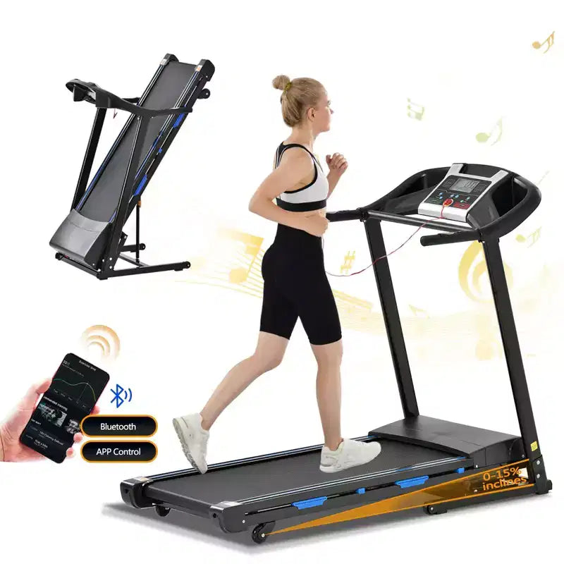 Tapis de course électrique pliable FYC, capacité de poids de 150 kg avec inclinaison automatique de 15 %, moteur 3,5 CV, vitesse max. 16 km/h, Bluetooth, application, capteur de fréquence cardiaque