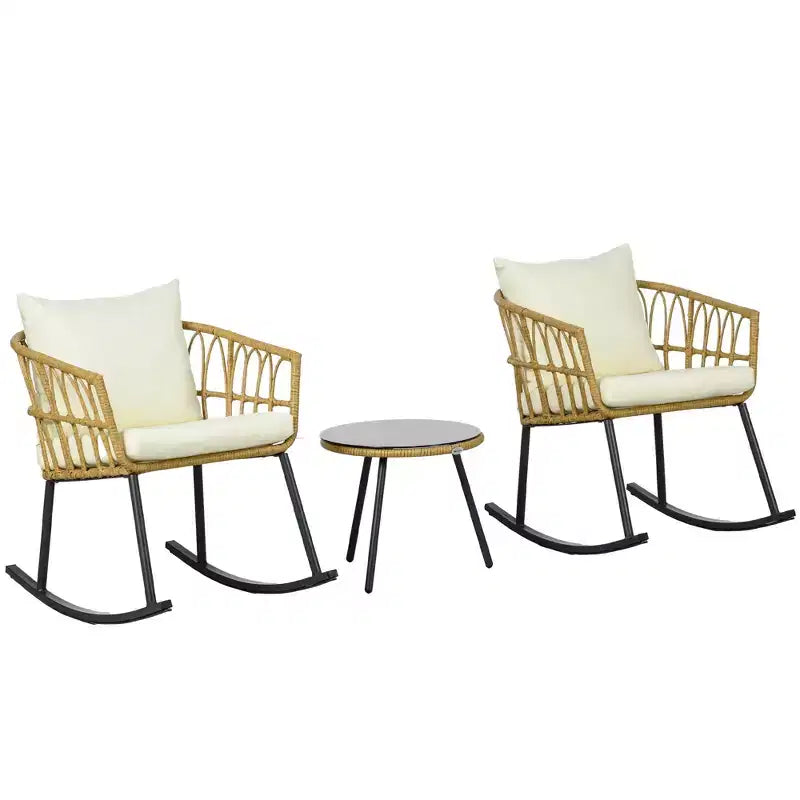 Ensemble de chaises à bascule d'extérieur en osier, ensemble de bistrot de terrasse 3 pièces avec 2 chaises à bascule de véranda, table basse en verre et coussins, ensemble de conversation de patio