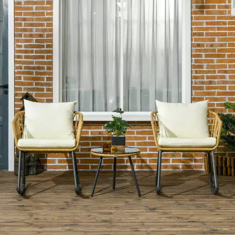 Ensemble de chaises à bascule d'extérieur en osier, ensemble de bistrot de terrasse 3 pièces avec 2 chaises à bascule de véranda, table basse en verre et coussins, ensemble de conversation de patio