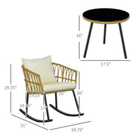 Ensemble de chaises à bascule d'extérieur en osier, ensemble de bistrot de terrasse 3 pièces avec 2 chaises à bascule de véranda, table basse en verre et coussins, ensemble de conversation de patio