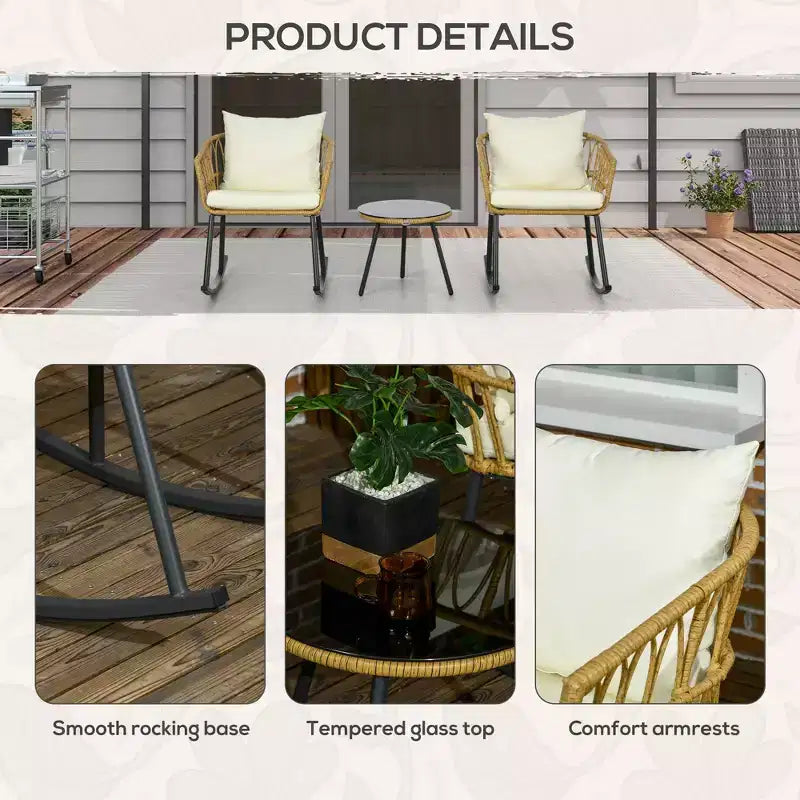 Ensemble de chaises à bascule d'extérieur en osier, ensemble de bistrot de terrasse 3 pièces avec 2 chaises à bascule de véranda, table basse en verre et coussins, ensemble de conversation de patio