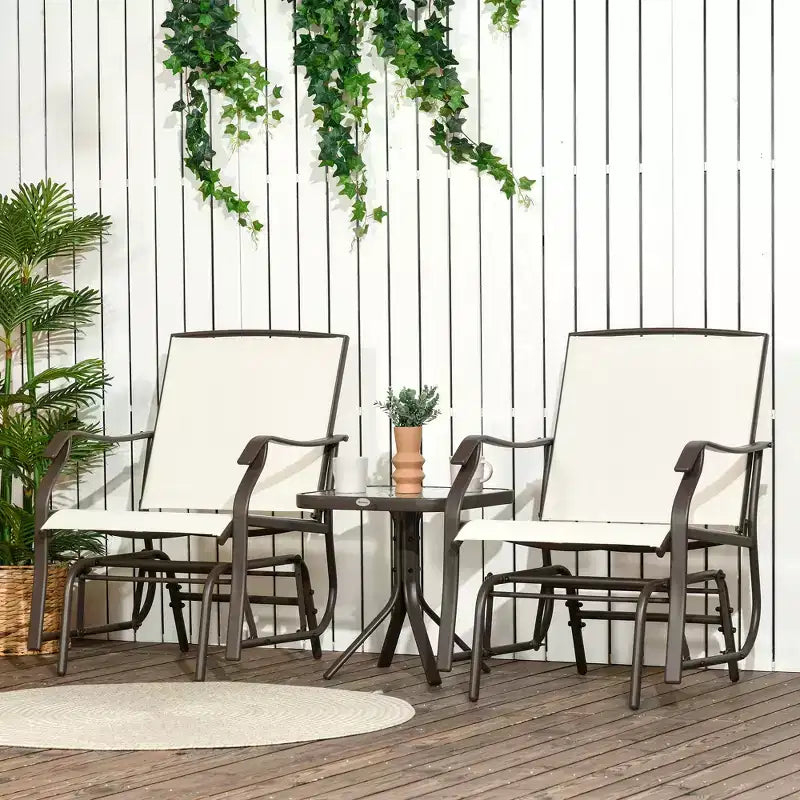 Ensemble de bistro 3 pièces avec fauteuils à bascule d'extérieur et table basse, 2 chaises à bascule de patio avec tissu respirant, plateau en verre