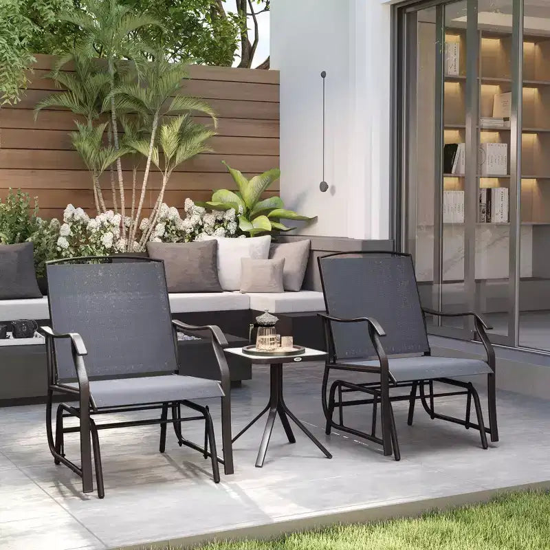 Ensemble de bistro 3 pièces avec fauteuils à bascule d'extérieur et table basse, 2 chaises à bascule de patio avec tissu respirant, plateau en verre