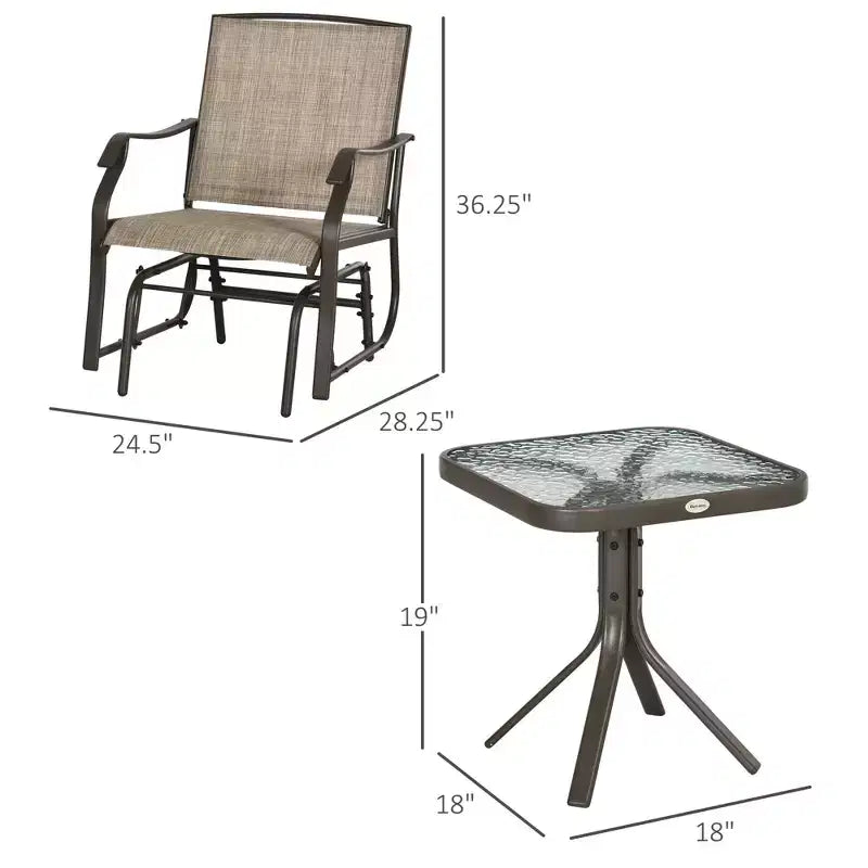 Ensemble de bistro 3 pièces avec fauteuils à bascule d'extérieur et table basse, 2 chaises à bascule de patio avec tissu respirant, plateau en verre