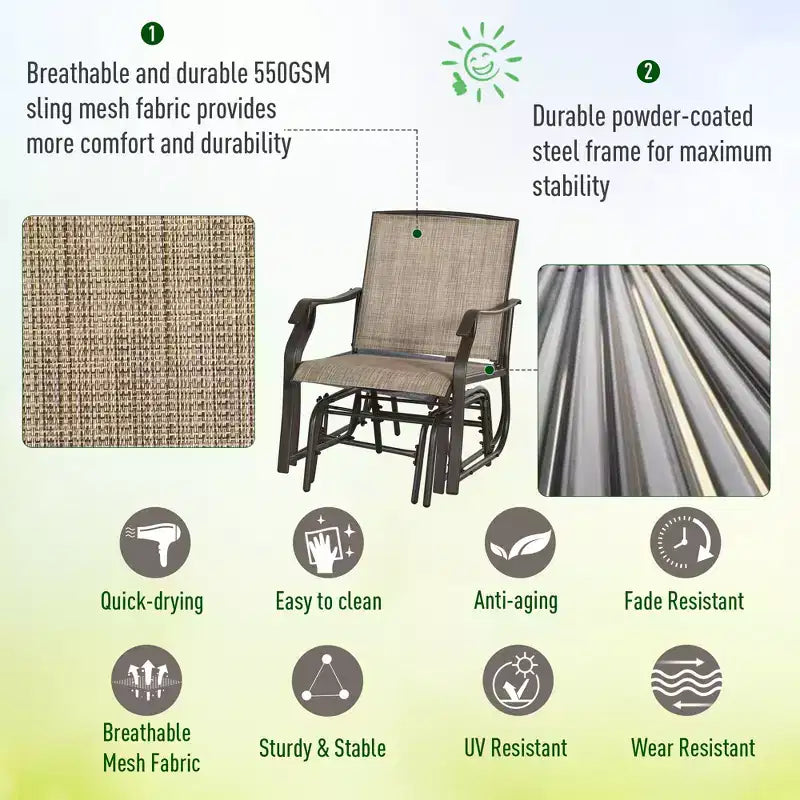 Ensemble de bistro 3 pièces avec fauteuils à bascule d'extérieur et table basse, 2 chaises à bascule de patio avec tissu respirant, plateau en verre