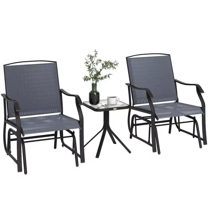 Ensemble de bistro 3 pièces avec fauteuils à bascule d'extérieur et table basse, 2 chaises à bascule de patio avec tissu respirant, plateau en verre