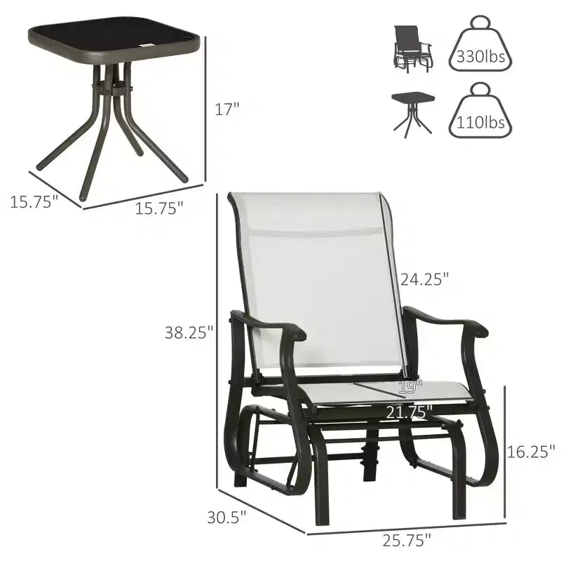 Ensemble de bistrot 3 pièces avec cadres en acier, table à plateau en verre trempé pour patio, jardin, pelouse