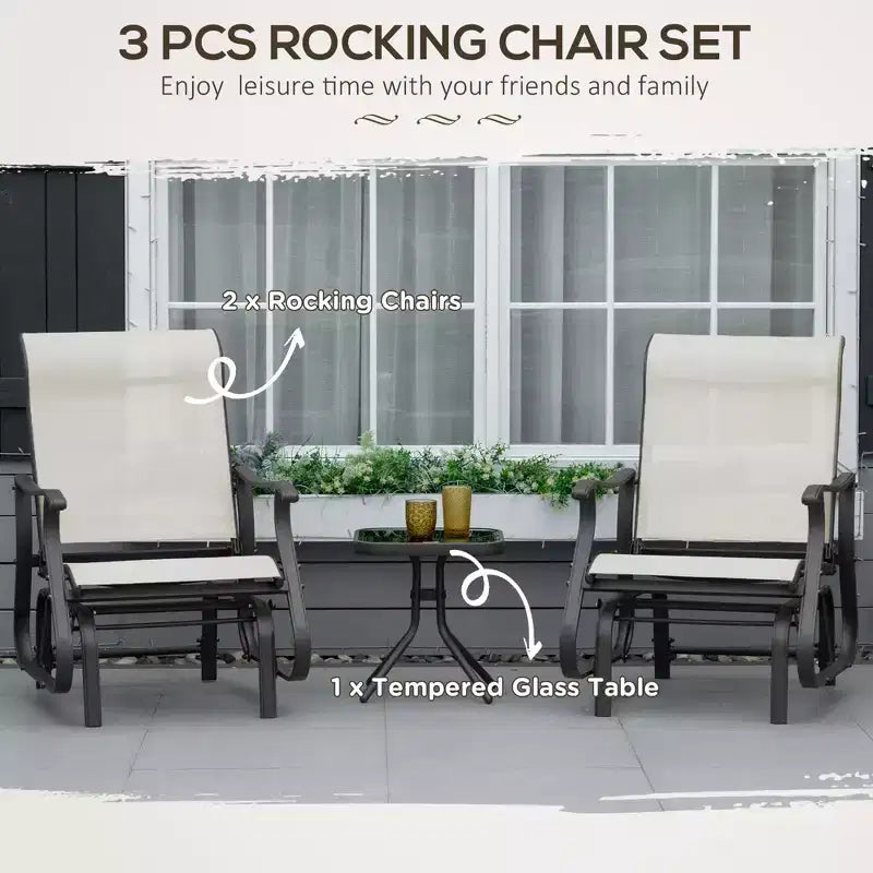 Ensemble de bistrot 3 pièces avec cadres en acier, table à plateau en verre trempé pour patio, jardin, pelouse