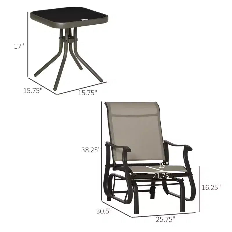 Ensemble de bistrot 3 pièces avec cadres en acier, table à plateau en verre trempé pour patio, jardin, pelouse